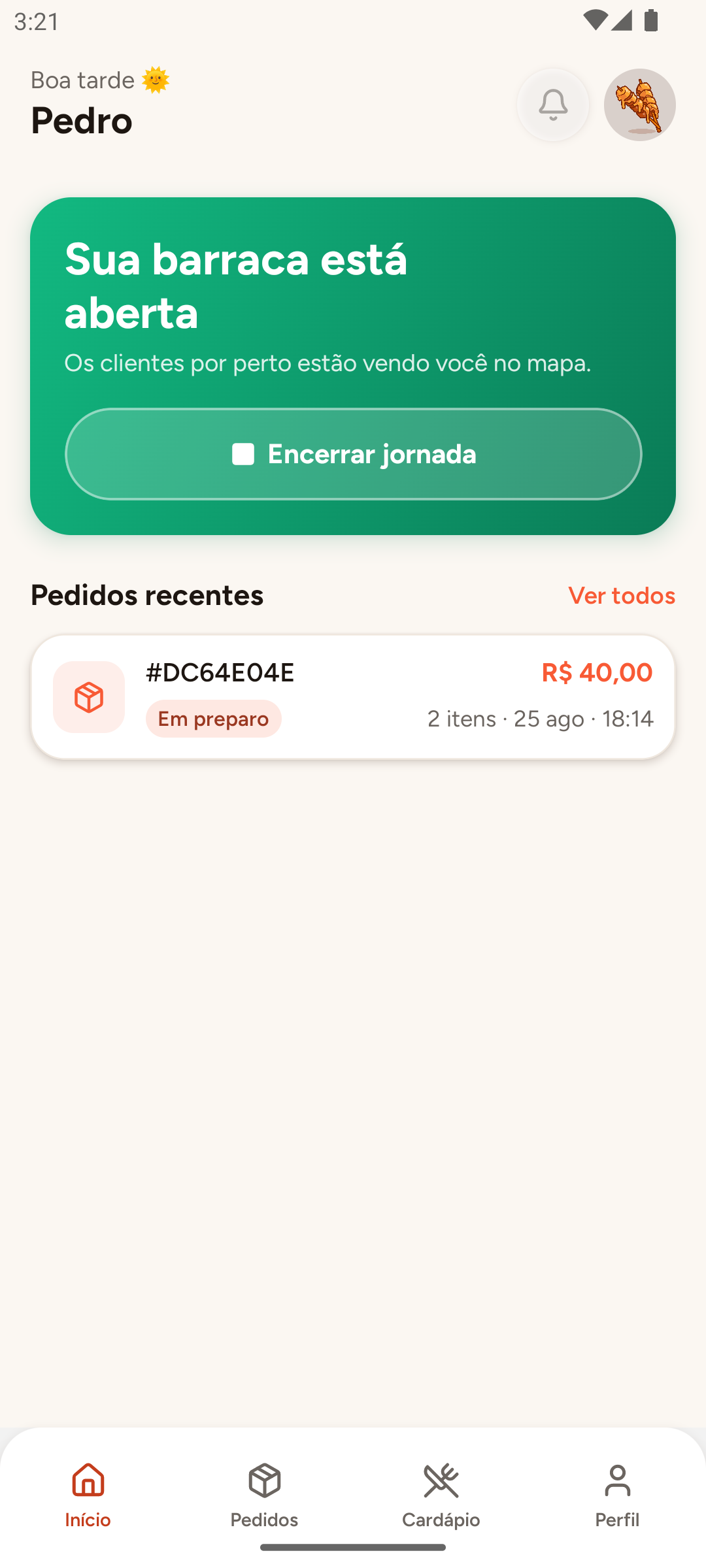 Tela inicial do app do vendedor da Barrakinha: a barraca está aberta e os clientes por perto estão vendo ela no mapa